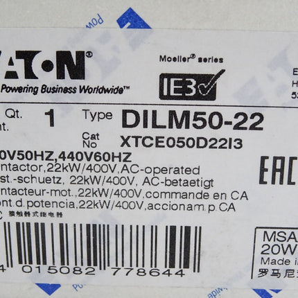 Eaton DILM50-22 XTCE050D22I3 22kW Leistungsschütz / Neu OVP - Maranos.de