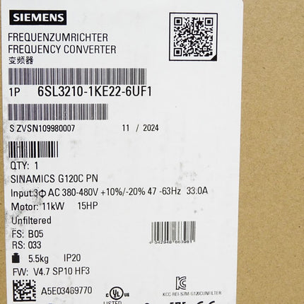 Siemens Sinamics G120C PN 11kW 6SL3210-1KE22-6UF1 Neu OVP versiegelt - Maranos.de