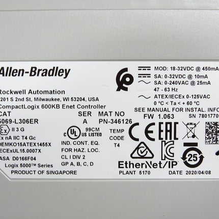 Allen Bradley CompactLogix 600KB Enet Controller 5069-L306ER / Neuwertig - Maranos.de