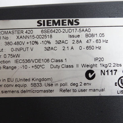 Siemens Micromaster 420 6SE6420-2UD17-5AA0 0.75kW / Neuwertig mit Lagerspuren - Maranos.de