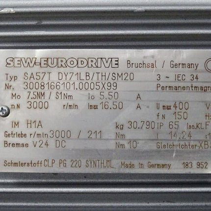 SEW Getriebemotor SA57T DY71LB/TH/SM20 3000r/min i14.24 3008166101.0005X99 7.5Nm - Maranos.de
