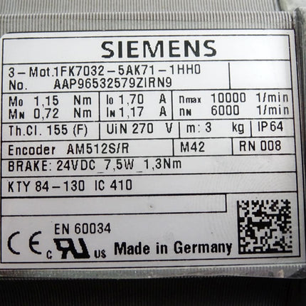 Siemens Servomotor 1FK7032-5AK71-1HH0 6000min-1 / Unbenutzt - Maranos.de