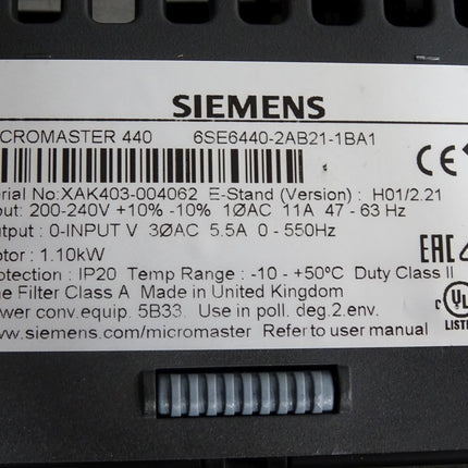 Siemens Micromaster 440 6SE6440-2AB21-1BA1 1.10kW + BOP 6SE6400-0BP00-0AA1 - Maranos.de