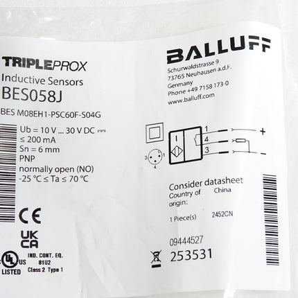 Balluff Induktive Näherungsschalter BES058J BES M08EH1-PSC60F-S04G / Neu OVP