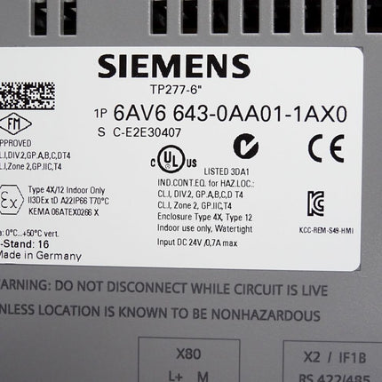 Siemens TP277 6" Panel 6AV6643-0AA01-1AX0 6AV6 643-0AA01-1AX0 - Maranos.de