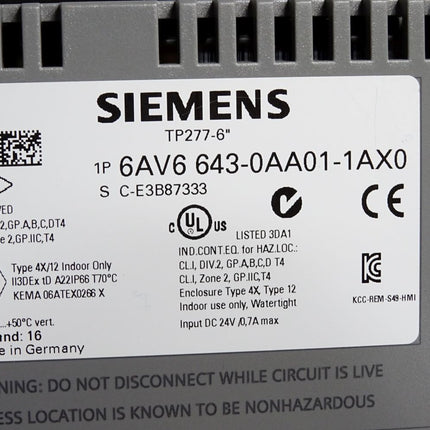 Siemens TP277 6" Panel 6AV6643-0AA01-1AX0 6AV6 643-0AA01-1AX0 - Maranos.de