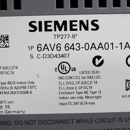 Siemens TP277 6" Panel 6AV6643-0AA01-1AX0 6AV6 643-0AA01-1AX0