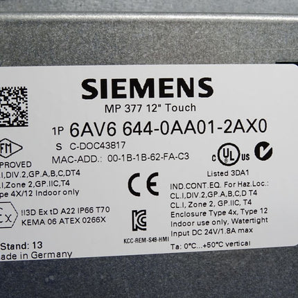 Siemens Panel MP377 12" Touchpanel 6AV6644-0AA01-2AX0 6AV6 644-0AA01-2AX0