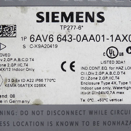 Siemens TP277 6" Panel 6AV6643-0AA01-1AX0 6AV6 643 - Beleuchtung etwas dunkler