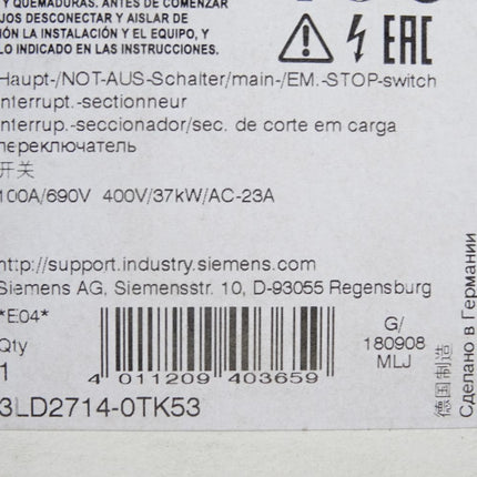 Siemens Hauptschalter NOT-AUS 3LD2714-0TK53 / Neu OVP - Maranos.de