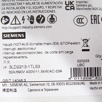 Siemens Hauptschalter NOT-AUS 3LD2213-1TL53 11.5kW / Neu OVP - Maranos.de