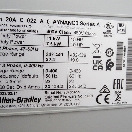 Allen Bradley 20AC022A0AYNANC0 PowerFlex 70 AC Drive 11kW / Neu OVP - Maranos.de