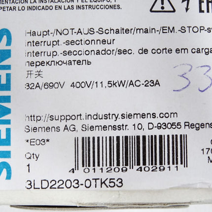Siemens Hauptschalter NOT-AUS 3LD2203-0TK53 11.5kW / Neu OVP - Maranos.de