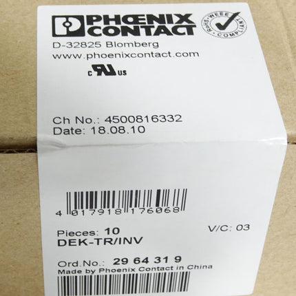 Phoenix Contact 2964319 DEK-TR/INV / Inhalt:10 Stück / Neu OVP versiegelt - Maranos.de