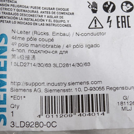 Siemens 3LD9280-0C N-Leiter 3LD2714/30/63 / Neu OVP - Maranos.de