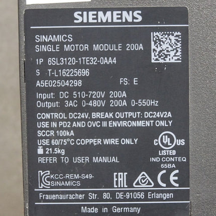 Siemens Sinamics Single Motor Module 200A 6SL3120-1TE32-0AA4 - Maranos.de