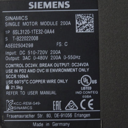 Siemens Sinamics Single Motor 200A 6SL3120-1TE32-0AA4 Frontklappe beschädigt - Maranos.de