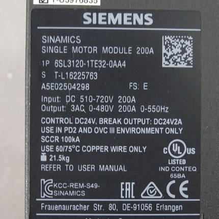 Siemens Sinamics Single Motor 200A 6SL3120-1TE32-0AA4 Frontklappe beschädigt - Maranos.de