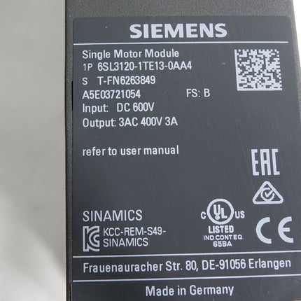 Siemens Sinamics Single Motor Module 6SL3120-1TE13-0AA4 - Maranos.de