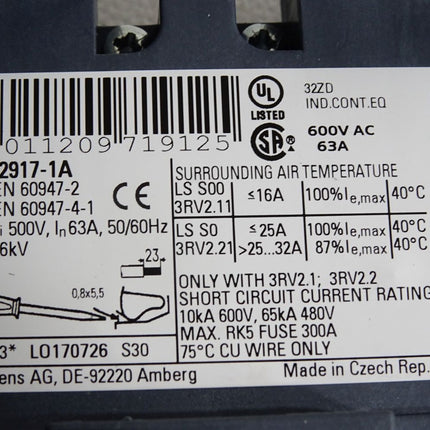 Siemens 3RV2917-1A 3-Phasen-Sammelschiene mit Einspeisung / Neuwertig - Maranos.de