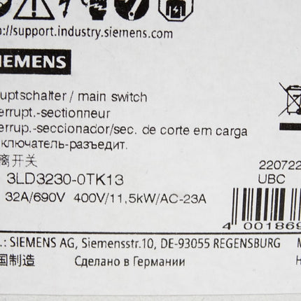 Siemens Hauptschalter 3LD3230-0TK13 32A/690V 400V/11.5kW/AC-23A / Neu OVP - Maranos.de