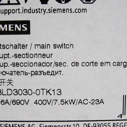 Siemens Hauptschalter 3LD3030-0TK13 16A/690V 400V/7.5kW/AC-23A / Neu OVP - Maranos.de