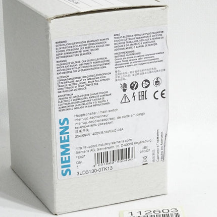 Siemens Hauptschalter 3LD3130-0TK13 25A/690V 400V/9.5kW/AC-23A / Neu OVP - Maranos.de