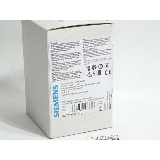 Siemens Hauptschalter 3LD3130-0TK13 25A/690V 400V/9.5kW/AC-23A / Neu OVP - Maranos.de