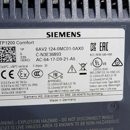 Siemens TP1200 Comfort Panel 6AV2124-0MC01-0AX0 6AV2 124-0MC01-0AX0 - Maranos.de