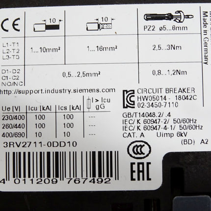 Siemens Leistungsschalter 3RV2711-0DD10 / Unbenutzt - Maranos.de