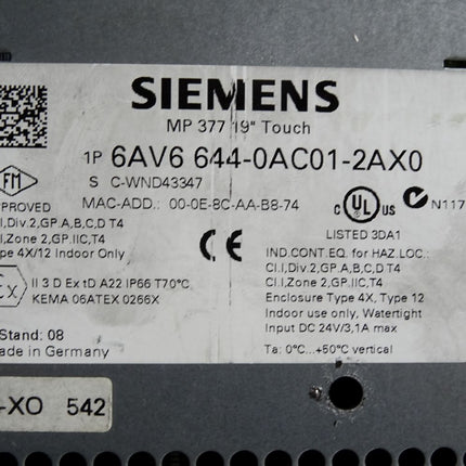 Siemens MP377 Touchpanel 6AV6644-0AC01-2AX0 6AV6 644-0AC01-2AX0 - Maranos.de