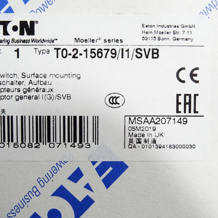 Eaton Hauptschalter T0-2-15679/I1/SVB / Neu OVP