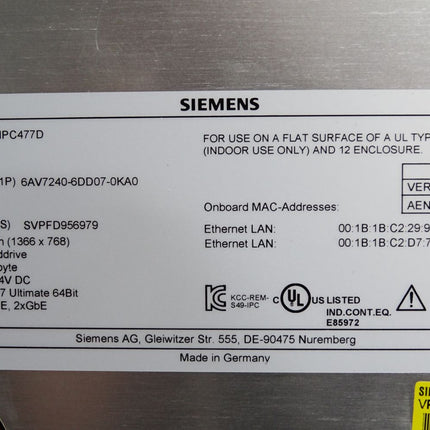 Siemens Panel IPC477D 6AV7240-6DD07-0KA0 19" 8GB RAM i7-3517UE 2xGbE - Maranos.de