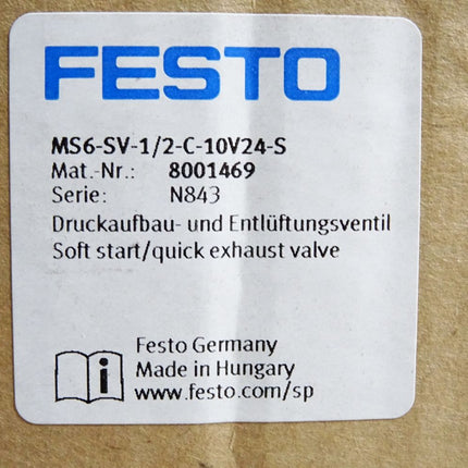 Festo Druckaufbau- und Entlüftungsventil MS6-SV-1/2-C-10V24-S 8001469 / Neu OVP