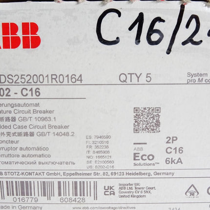 ABB S202 C16 2CDS252001R0164 Sicherungsautomaten / Inhalt:5 Stück / Neu OVP - Maranos.de