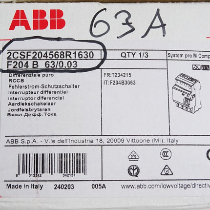 ABB F204 B 63/0.03 Fehlerstrom-Schutzschalter 2CSF204568R1630 / Neu OVP - Maranos.de