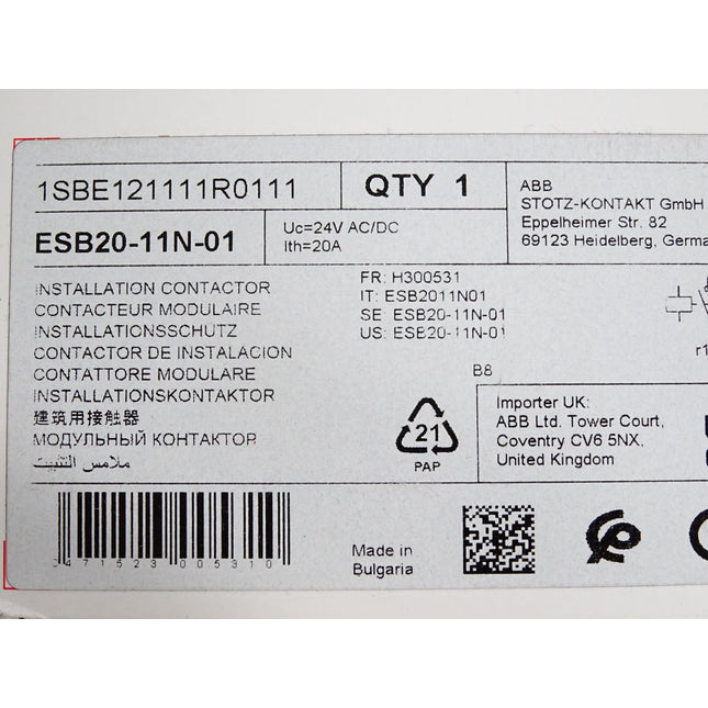 ABB Installationsschütz ESB20-11N-01 1SBE121111R0111 / Neu OVP - Maranos.de
