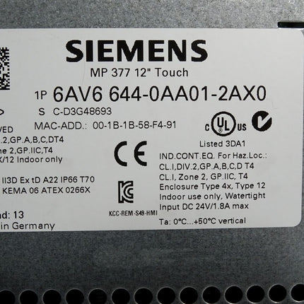 Siemens MP377 12" Touch Panel 6AV6644-0AA01-2AX0 6AV6 644-0AA01-2AX0 - Maranos.de