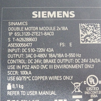 Siemens Sinamics Double Motor Module 2x18A 6SL3120-2TE21-8AC0 / Unbenutzt - Maranos.de