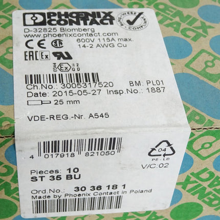 Phoenix Contact 3036181 ST 35 BU / Inhalt:10 Stück / Neu  OVP versiegelt - Maranos.de