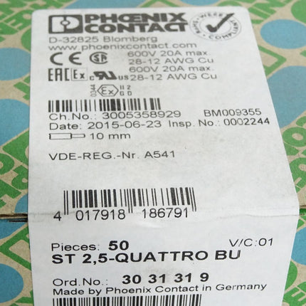 Phoenix Contact 3031319 ST 2,5-QUATTRO BU/ Inhalt:50 Stück / Neu  OVP versiegelt - Maranos.de