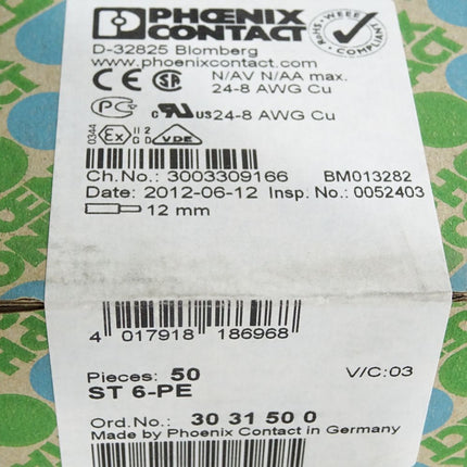 Phoenix Contact 3031500 ST 6-PE / Inhalt:50 Stück / Neu OVP versiegelt - Maranos.de