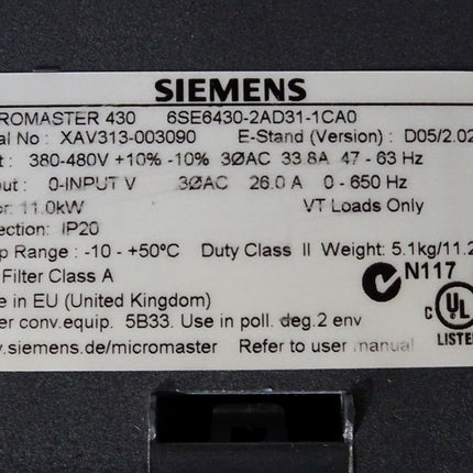 Siemens Micromaster 430 6SE6430-2AD31-1CA0 11.0kW