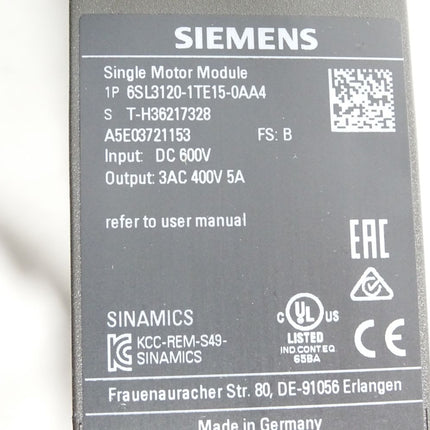 Siemens Sinamics Single Motor Module 6SL3120-1TE15-0AA4 - Maranos.de