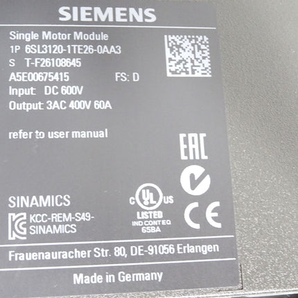Siemens Sinamics Single Motor Module 6SL3120-1TE26-0AA3 - Maranos.de