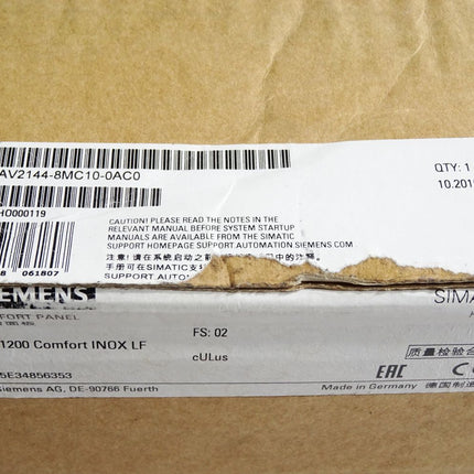 Siemens TP1200 Comfort Panel INOX 6AV2144-8MC10-0AC0 6AV2 144-8MC10-0AC0 Neu OVP - Maranos.de