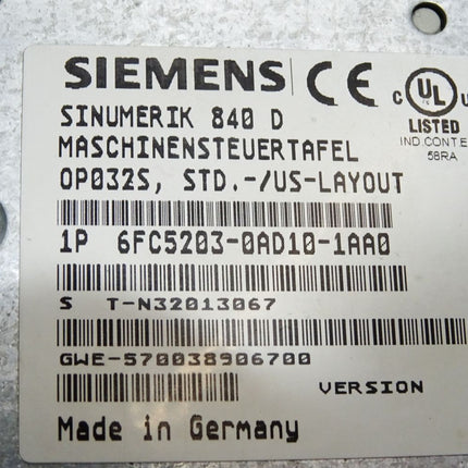 Siemens Maschinensteuertafel 6FC5203-0AD10-1AA0 Version F - Maranos.de