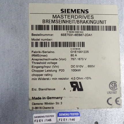 Siemens Masterdrives Bremseinheit 6SE7031-6EB87-2DA1 80A 100kW - Maranos.de