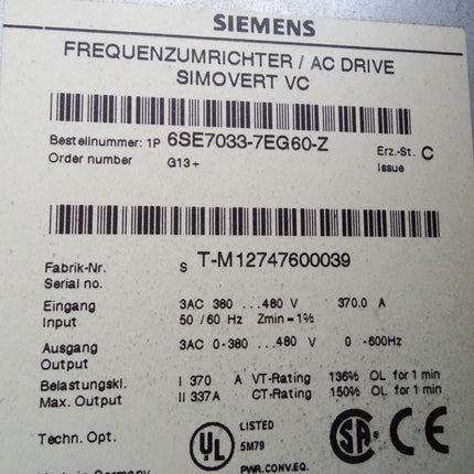 Siemens Simovert VC Frequenzumrichter 6SE7033-7EG60-Z G13 - Maranos.de
