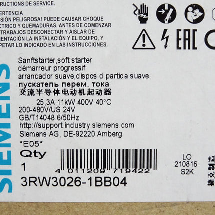 Siemens Sanftstarter 3RW3026-1BB04 11kW / Neu OVP - Maranos.de